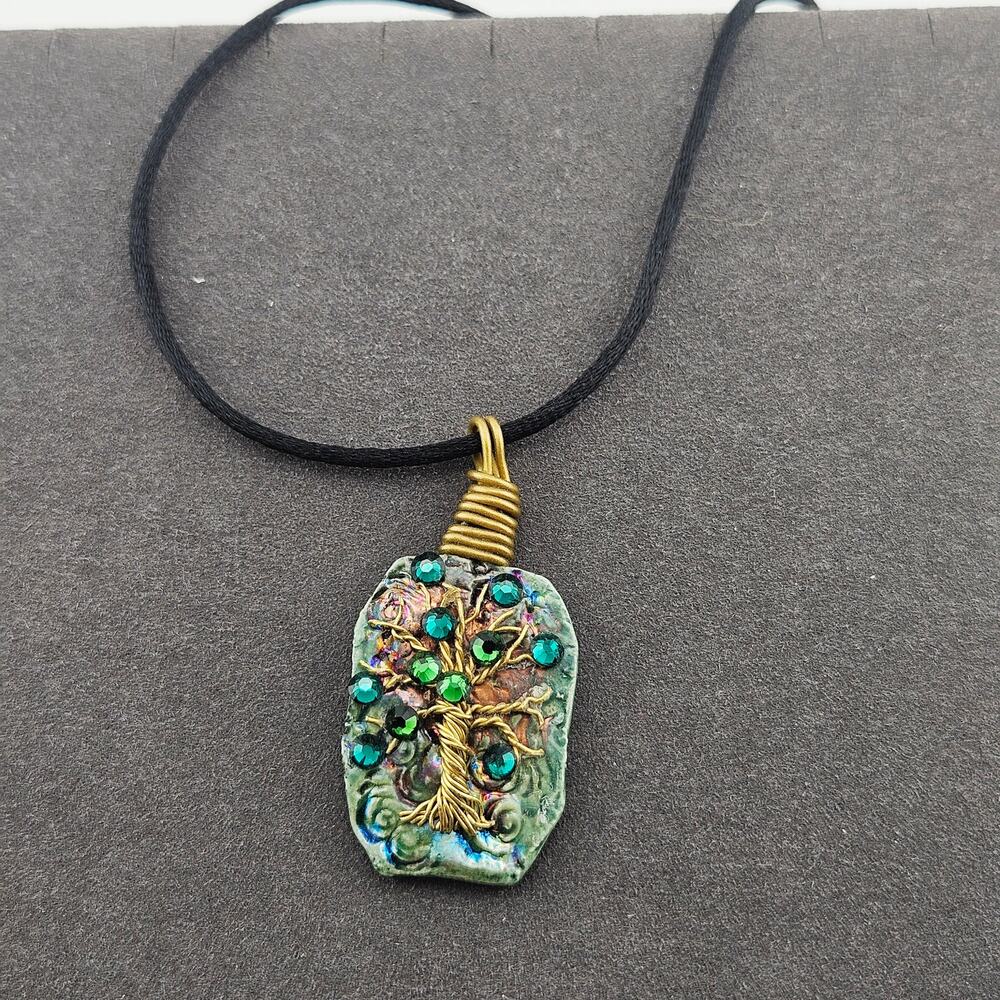 Wire Wrapped Tree Of Life Crystal Stone Pendant Necklace Green Fairy Renn Faire